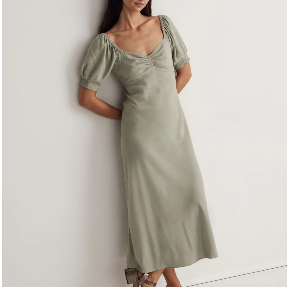 Madewell Womens Sage Green Puff Sleeve Sweetheart Midi Dress Size 10 Milkmaid